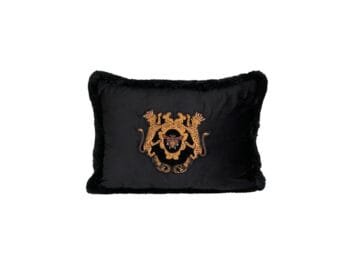 panther black velvet boudoir featuring coat of arms rampant lions crest insignia finished off with black brush fringe detailing