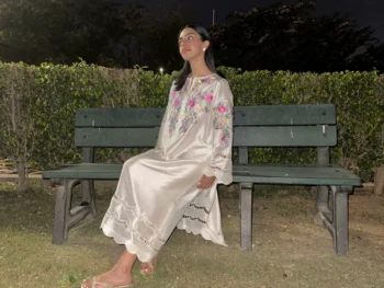 White Raw Silk Embroidered Dress Lama – Luxury Elegance | Dervesh Luxe