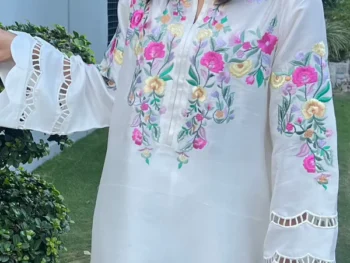 White Raw Silk Embroidered Dress Lama – Luxury Elegance Dervesh Luxe