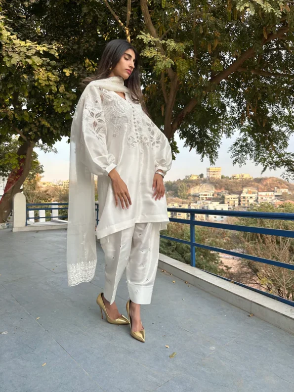 Dervesh Luxe | Merriam Wajid | Silk | White | Cut Work | Embroidary